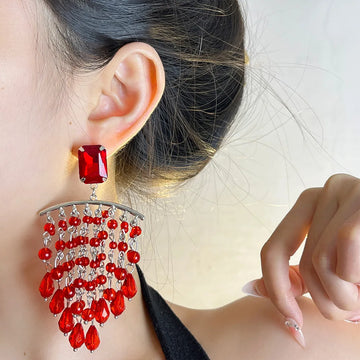 DAIIIBABYYY  -  Exaggerated red crystal tassel earrings